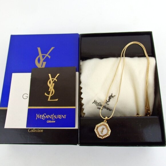 Authentic YVES SAINT LAURENT YSL logo with rhinestones Necklace1